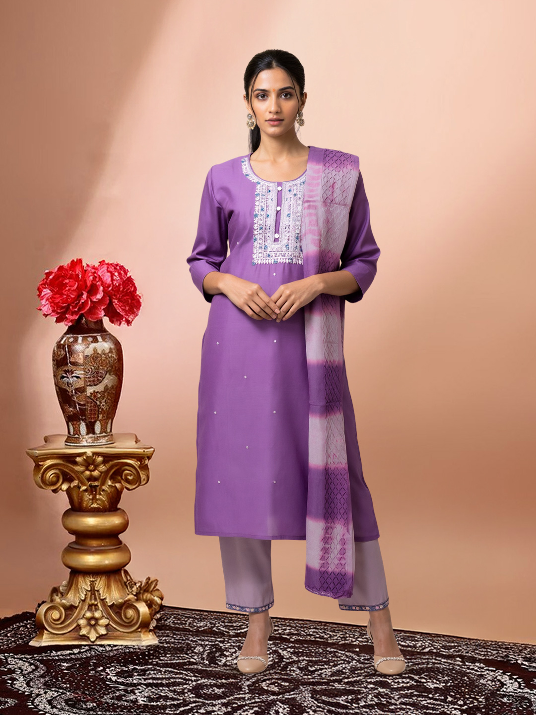 Elegant Embroidered Traditional Kurta with Pant & Dupatta Set