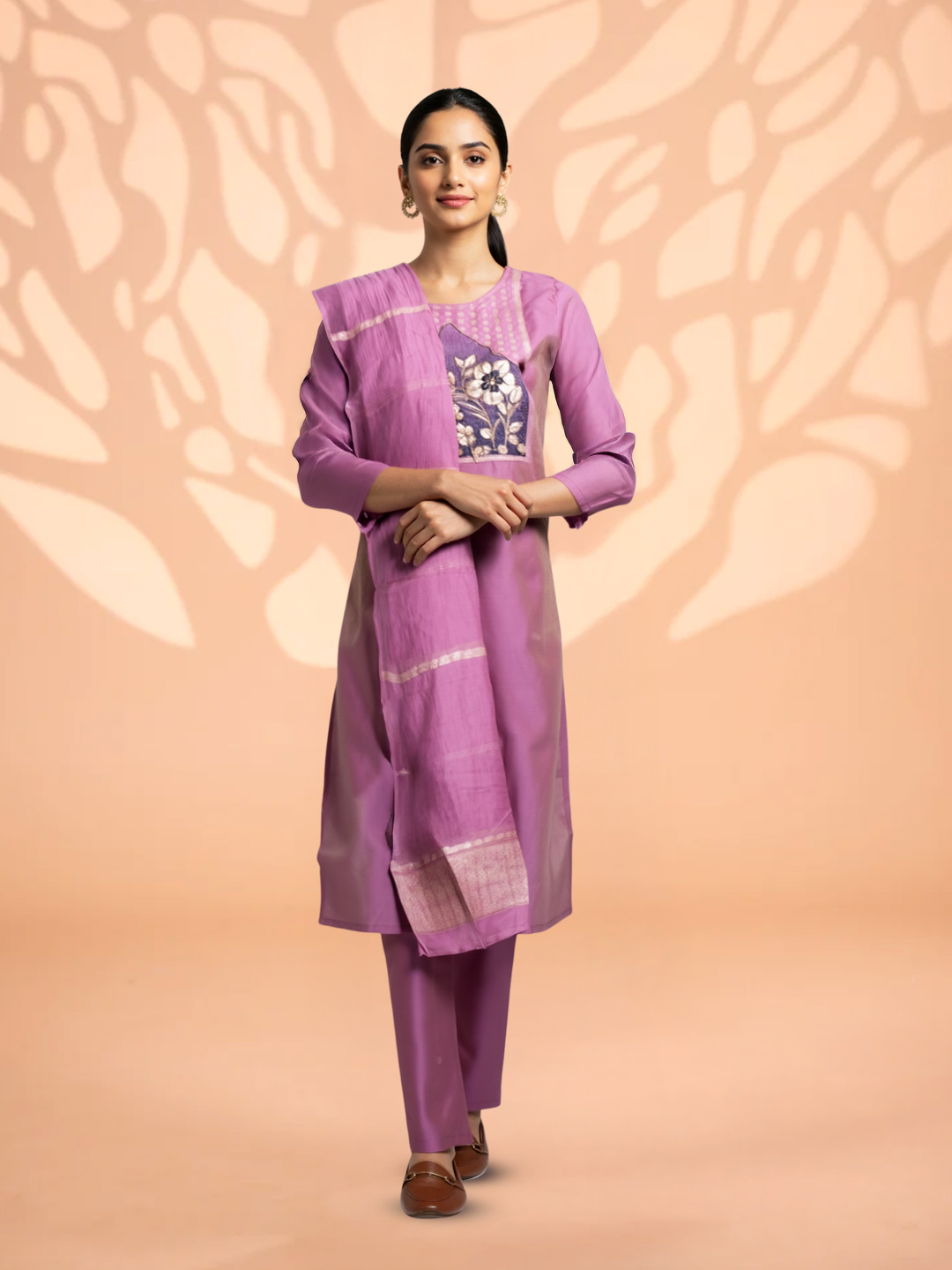 Elegant Floral Embroidery Kurta with Pant & Dupatta Set