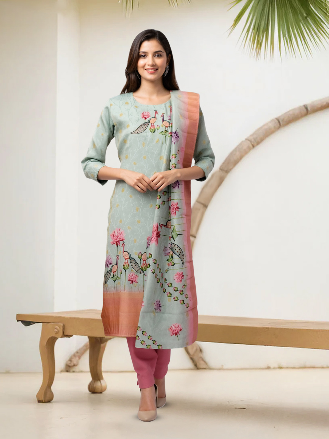 Floral Printed  Bird Embroidery Salwar Suit Set