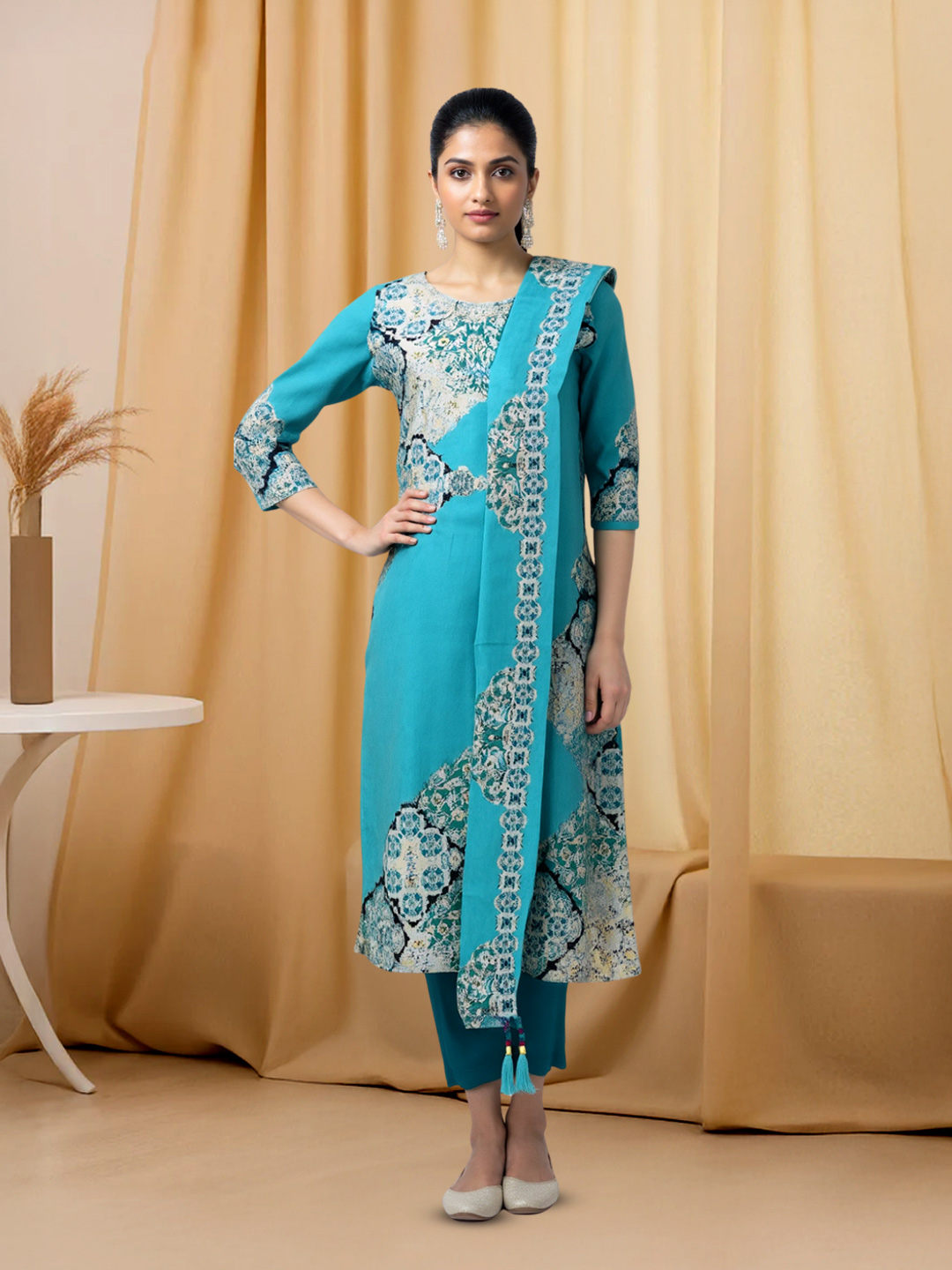 Traditional Printed Straight Cut Kurta with Pant & Dupatta Set