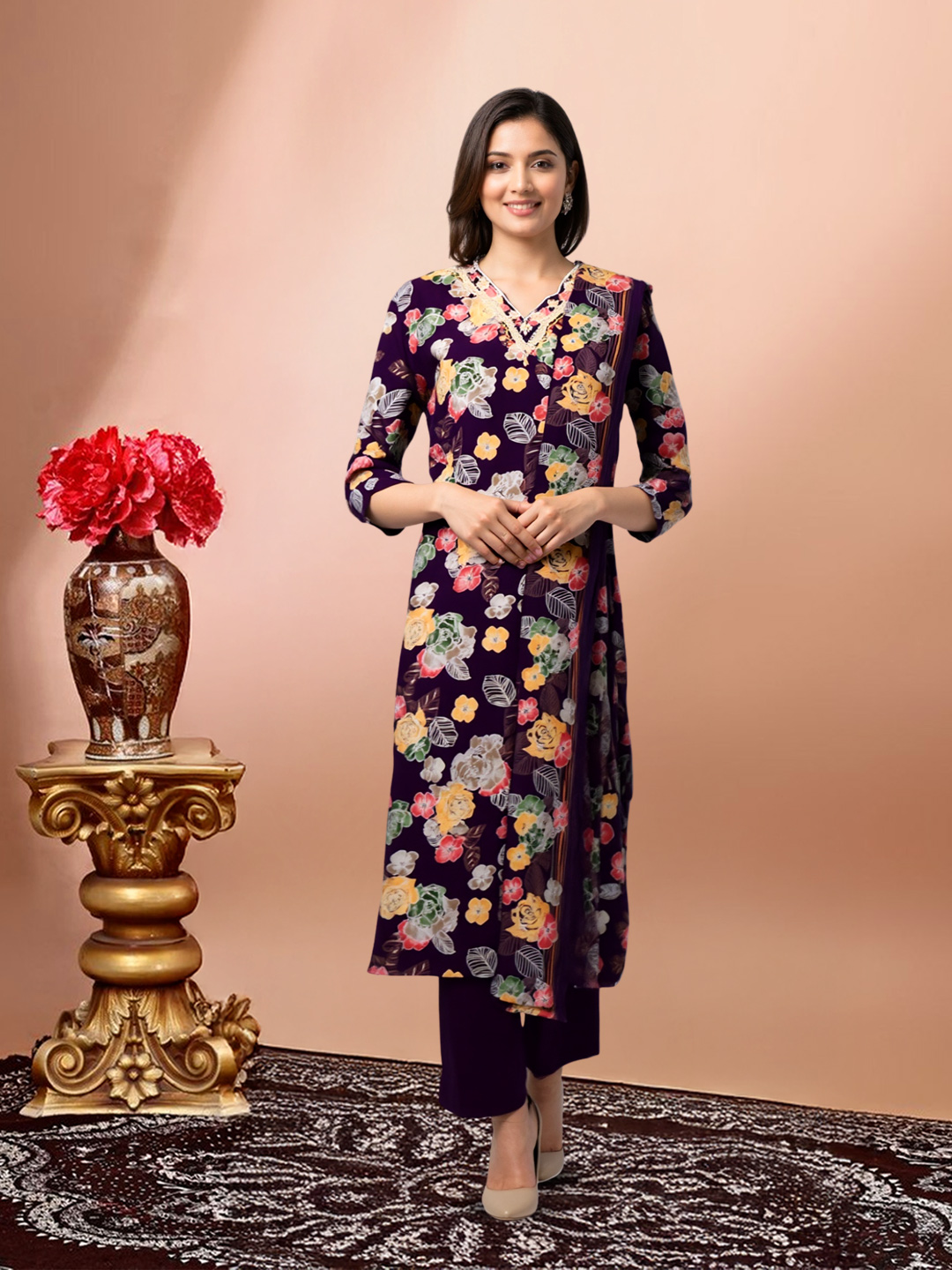 Floral Printed Embroidery V-Neck Salwar Suit Set