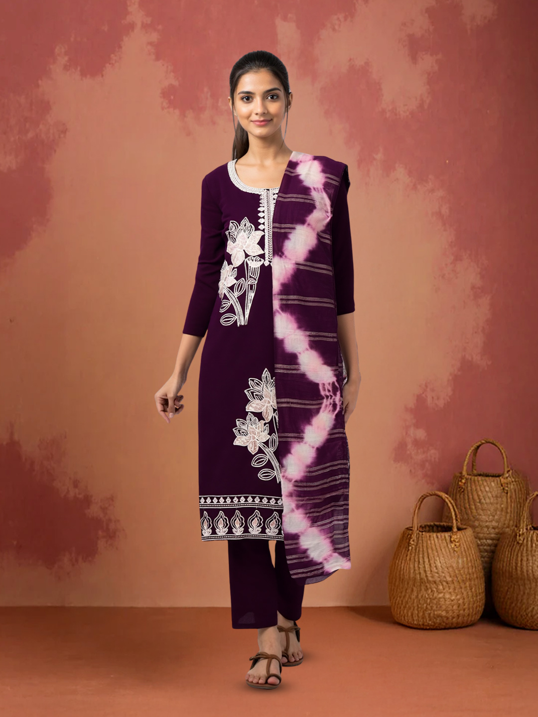Floral Embroidery Straight Cut Kurta with Pant  & Dupatta Set