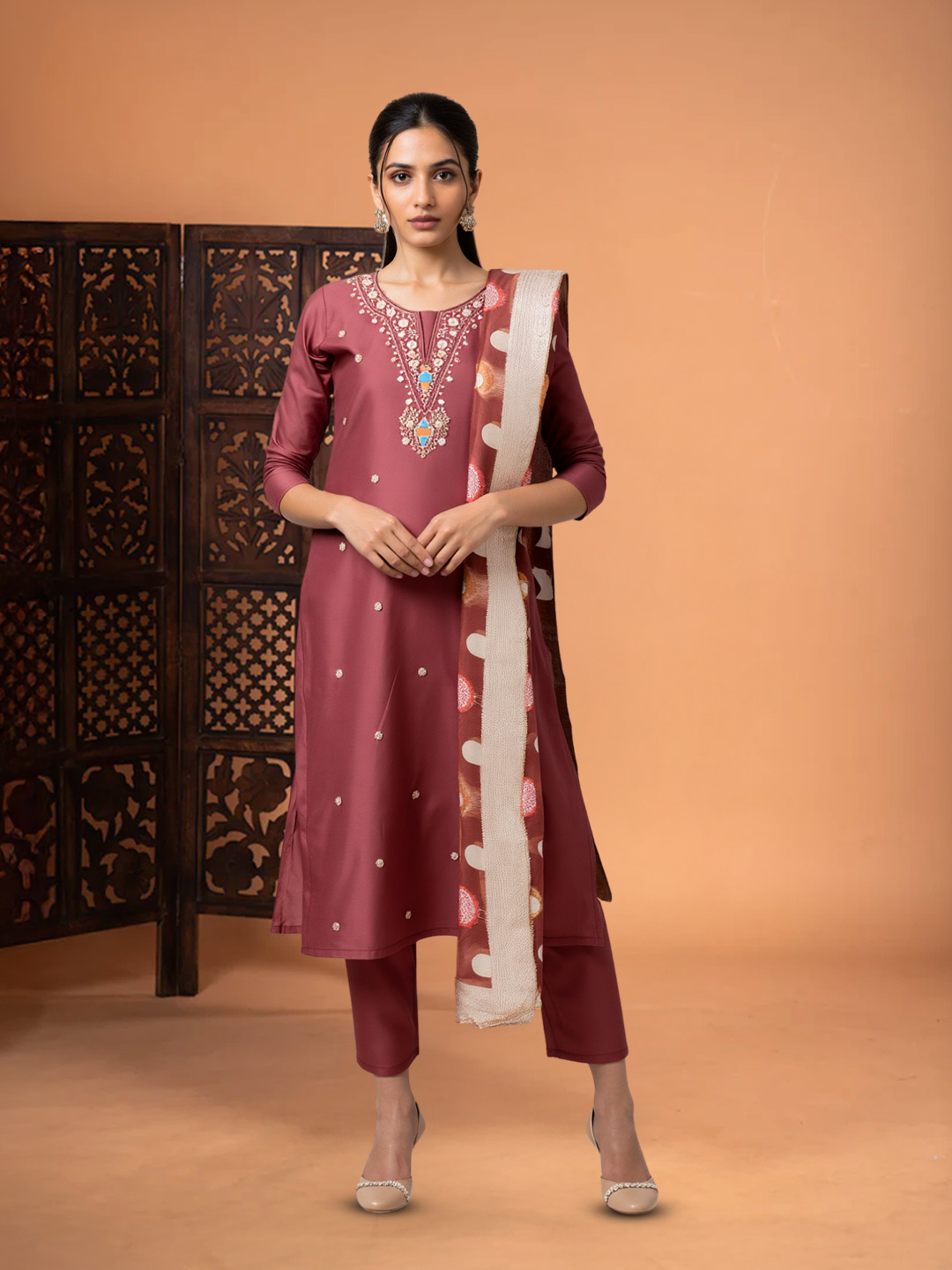 Graceful Embroidered Notched Neckline Salwar Suit Set