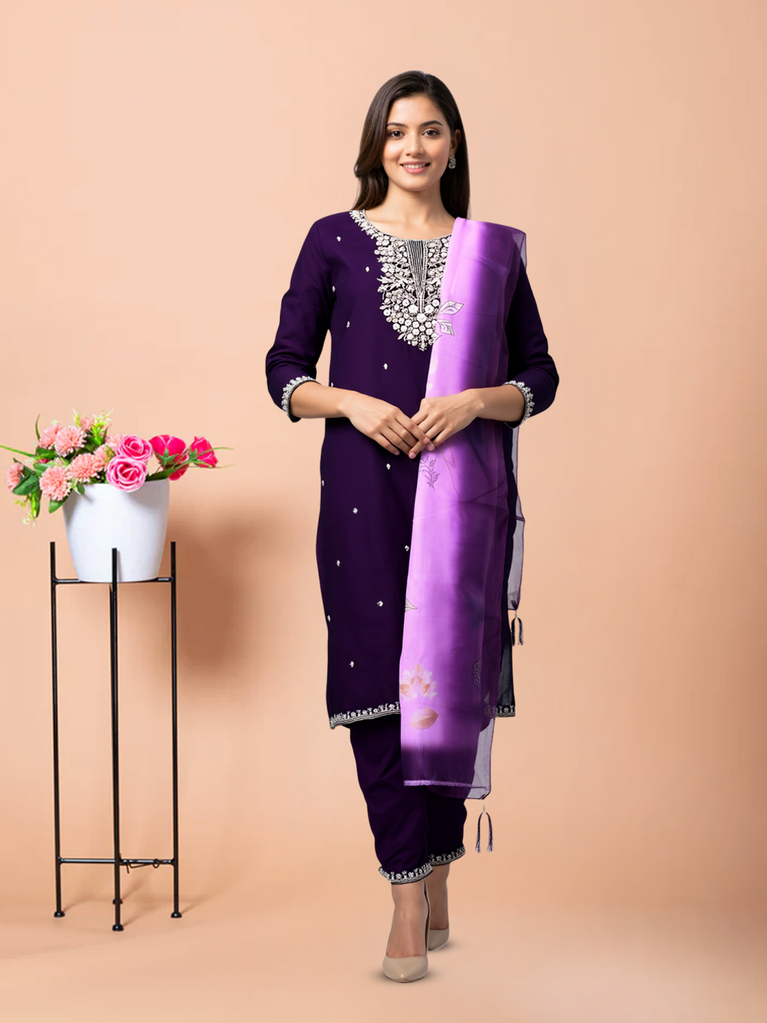 Heavy Embroidered Round Neck Kurta with Pant & Dupatta Set