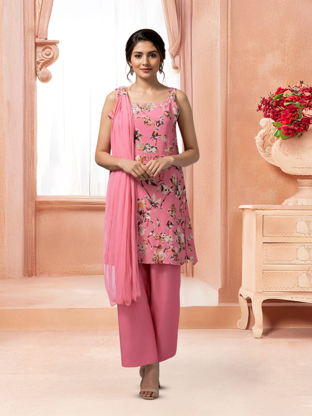 Floral  Sleeveless Printed Kurta With Pant & Dupatta Set