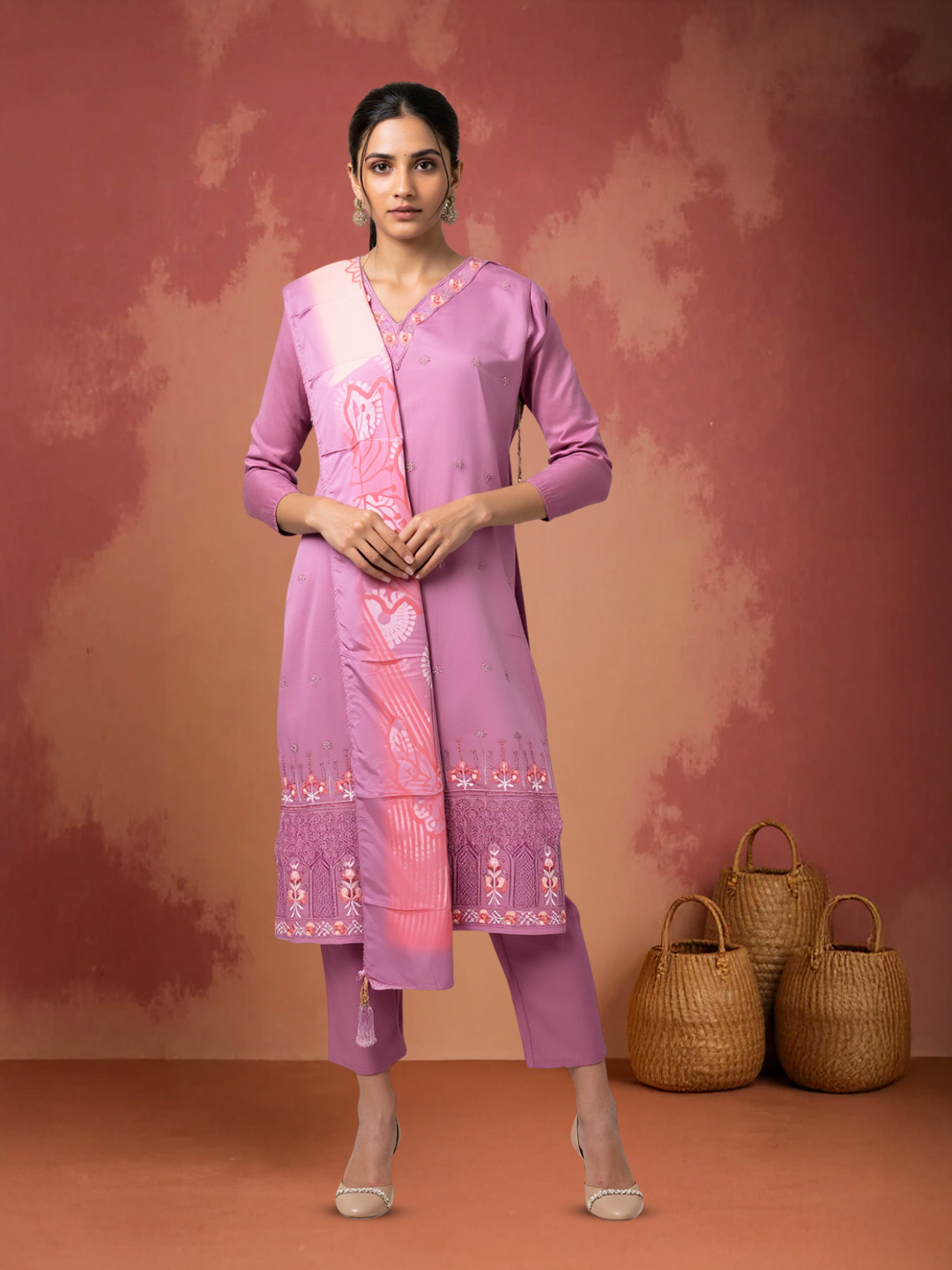 Graceful V-Neck Embroidered Salwar Suit Set