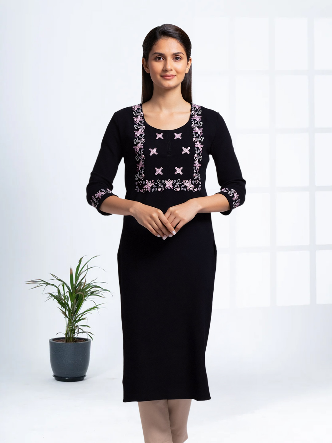 Beautifully Embroidered Yoke Straight-Cut kurta