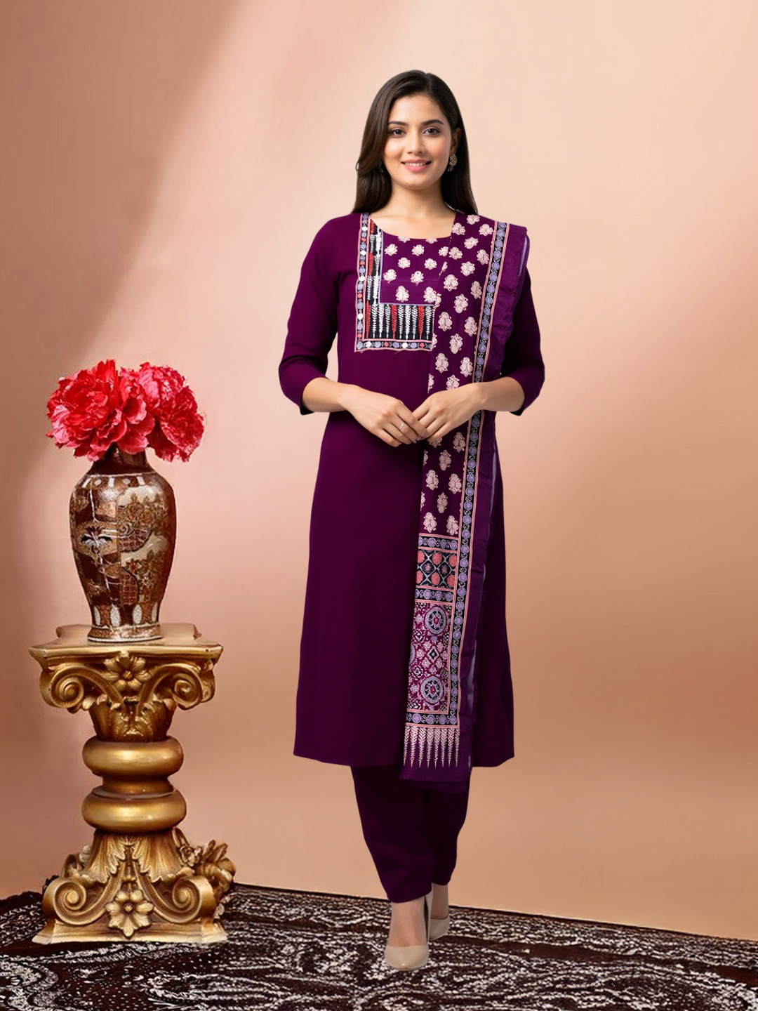 Elegant Embroidered Ethnic Kurta with Pant & Dupatta Set