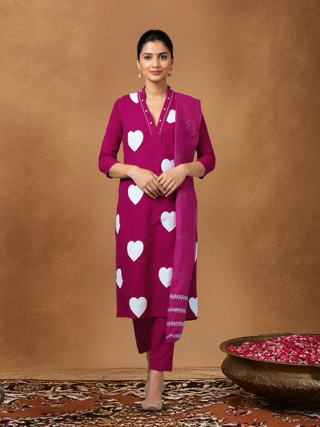 Modern V-Neck Kurta with Pant & Traditional  Dupatta Set