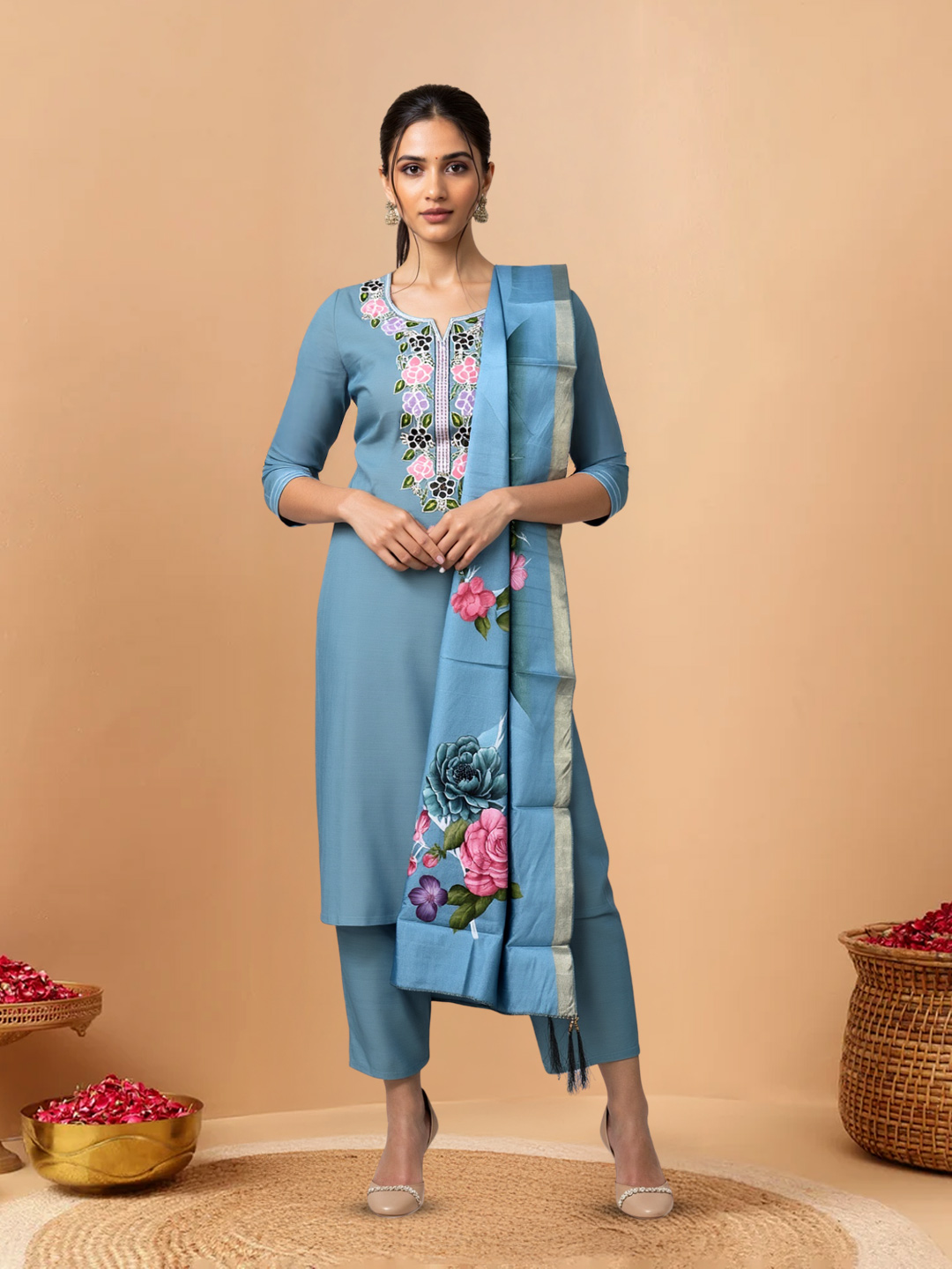 Heavy Floral Embroidery Notched Neck Salwar Suit Set