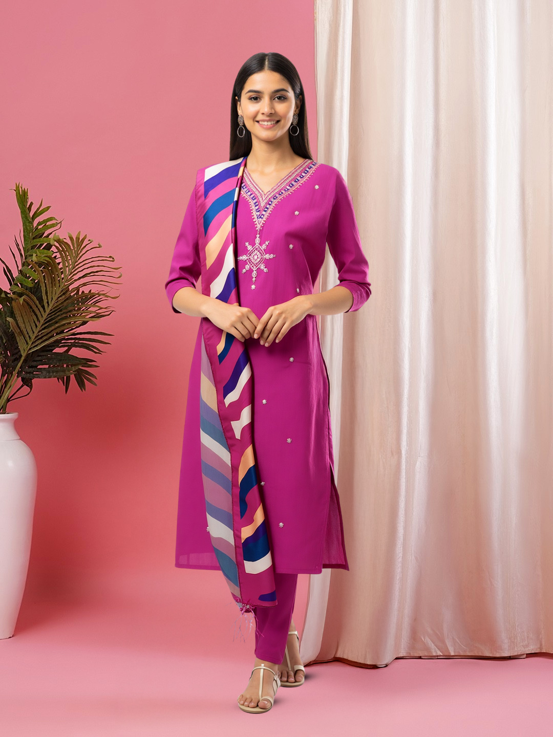 V-Neck Embroidered Kurta with Pant & Multicolor Dupatta Set