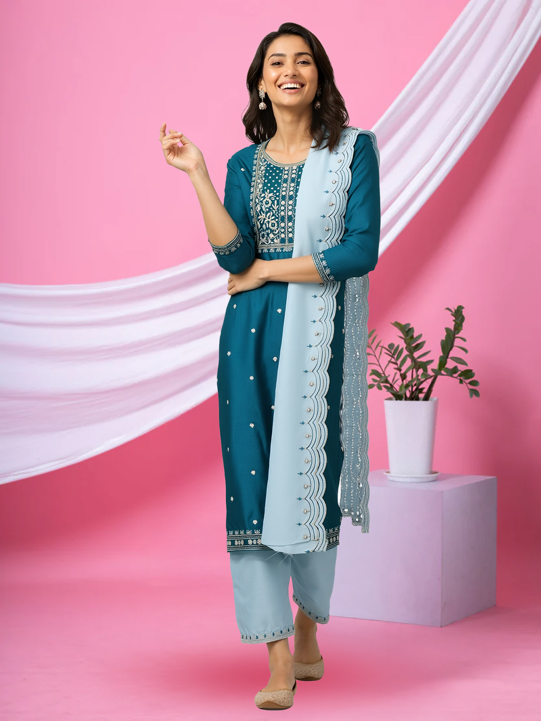 Embroidery Round Neck Kurta with Pant & Stylish Dupatta Set
