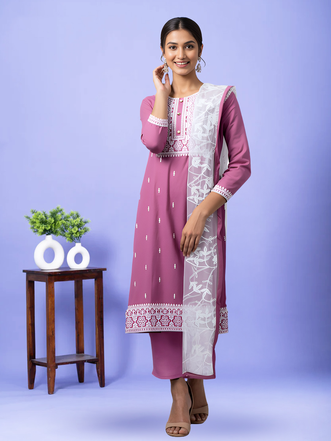 Graceful Embroidered Kurta with Pant & Elegant Dupatta Set