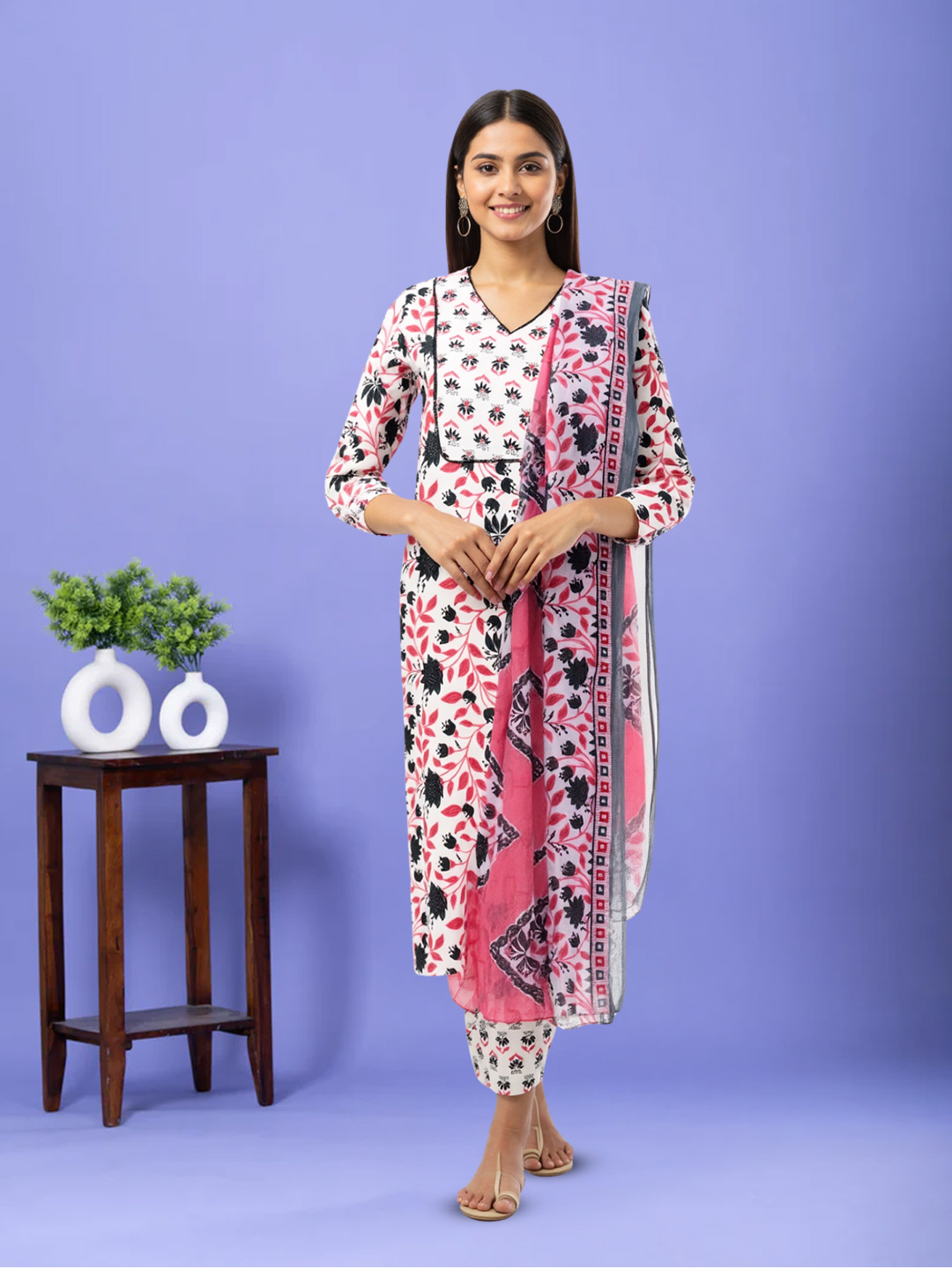 Picture of Elegant Floral Print Straight Cut Kurta with Pant & Dupatta Set