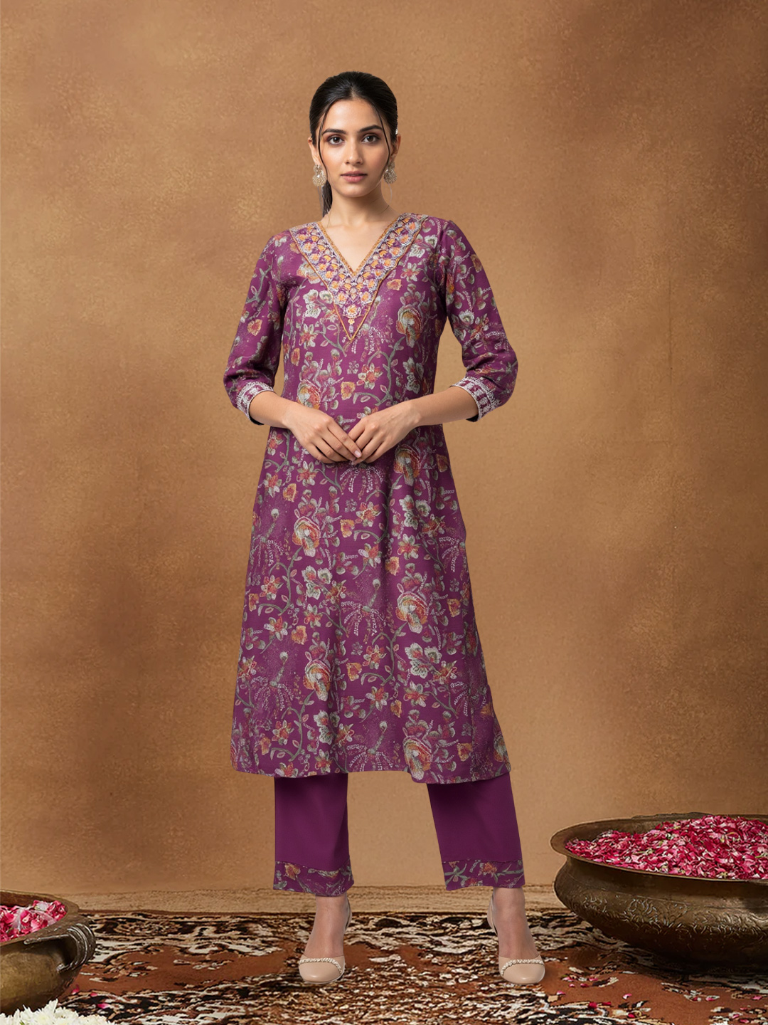 Embroidered Traditional V-Neck Kurta with Pant Set