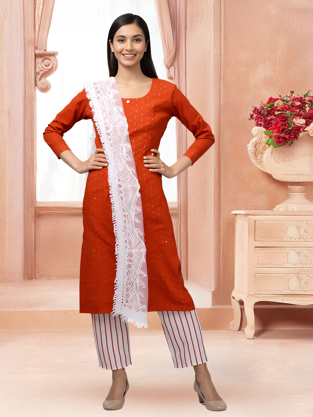 Elegant Kurta with Striped Pant & Lace Dupatta Set