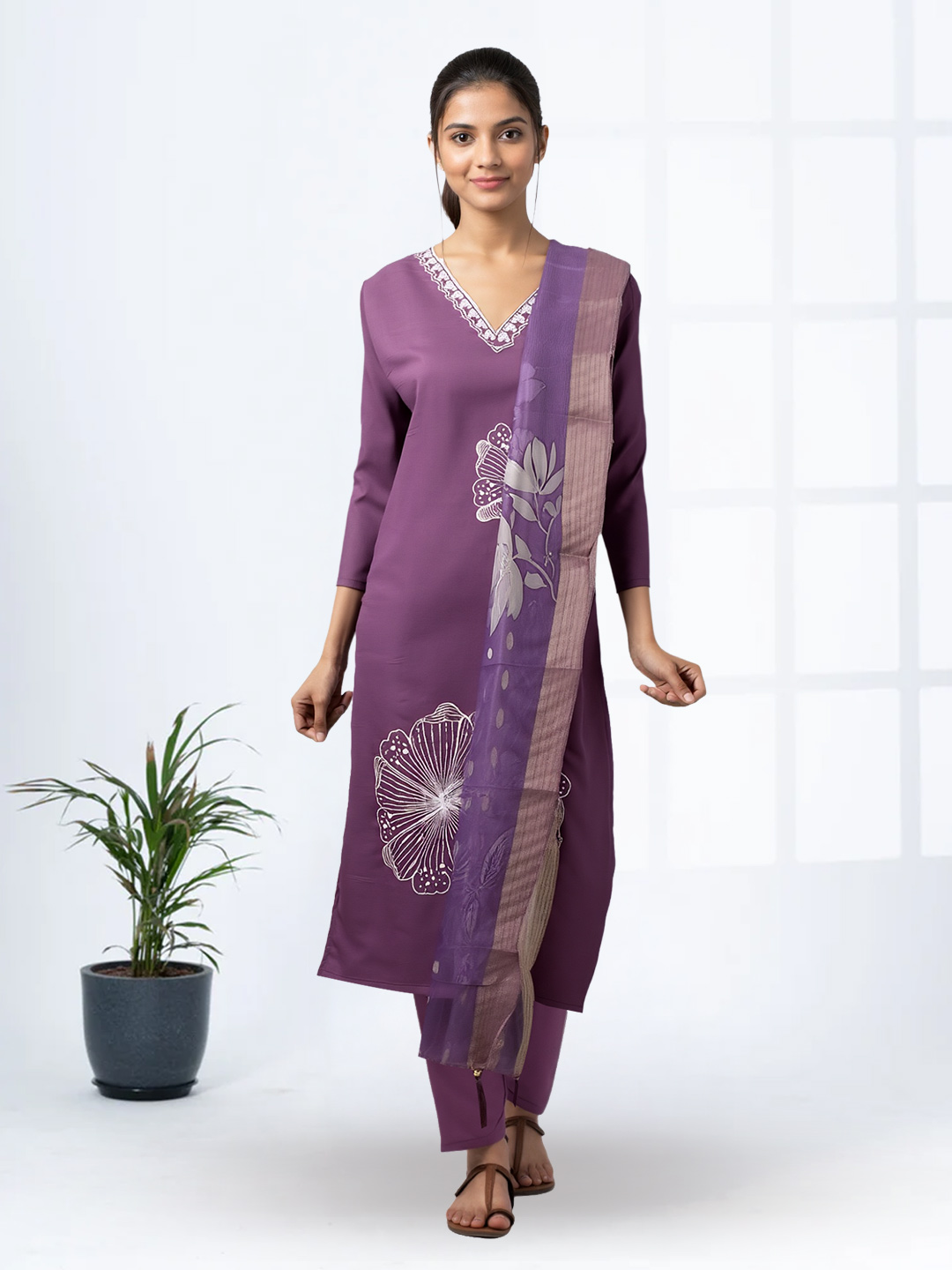 V-Neck Floral  Embroidered Salwar Suit Set