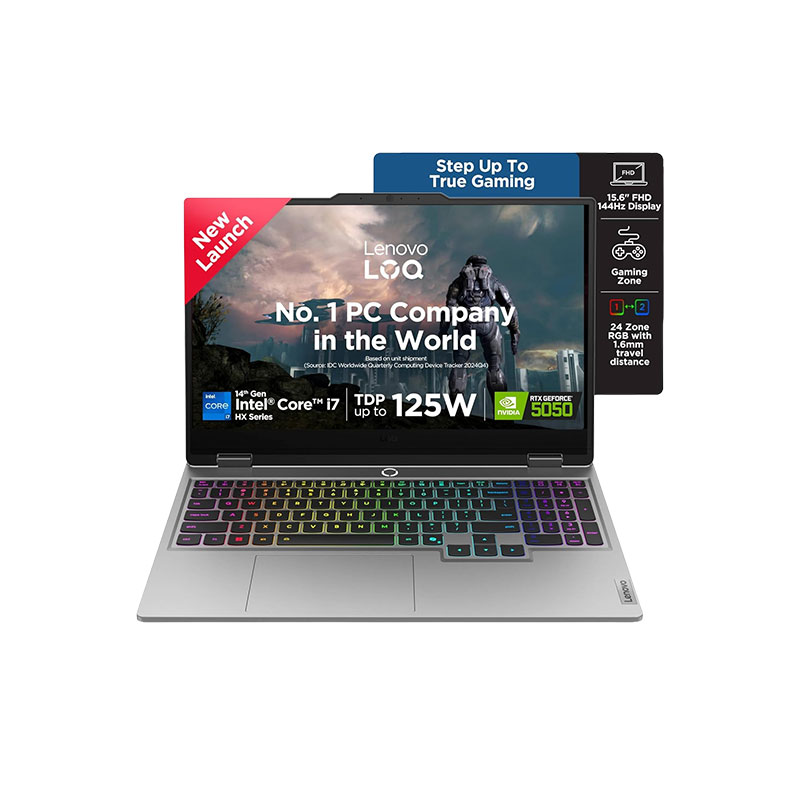 Picture of Lenovo LOQ - 	Intel Core i7-14700HX 15.6" (39.6cm) 83JE00U6IN  Gaming Laptop (16GB/ 1TB SSD/ Full HD Display/ Anti-glare/ 24-Zone RGB Backlit Keyboard/ NVIDIA GeForce RTX 5050 8GB GDDR7/ Windows 11 Home/ Office Home 2024 / 1Year Warranty/ Luna Grey/ 2.4 kg)