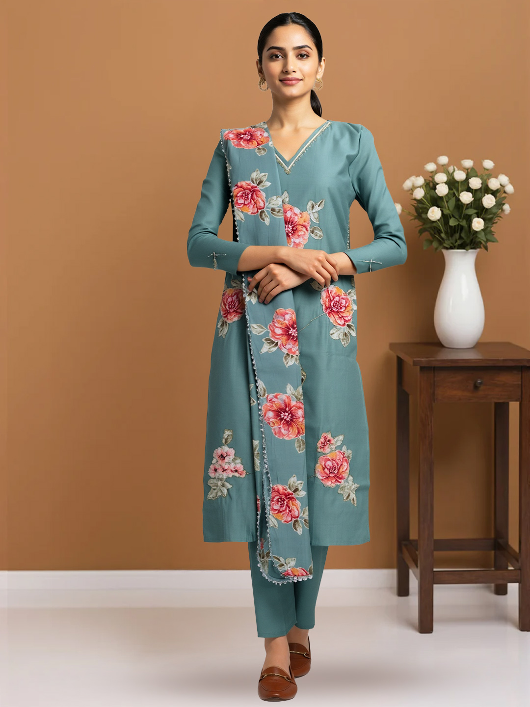 Graceful Floral Embroidered V-Neckline Salwar Suit Set