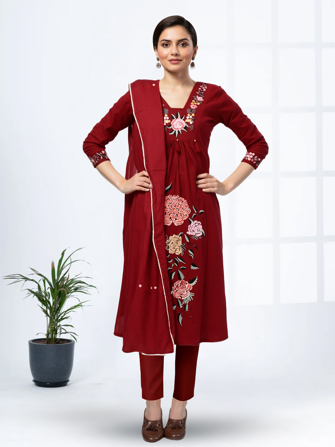 V-Neck  Floral Embroidery A-line Salwar Suit Set