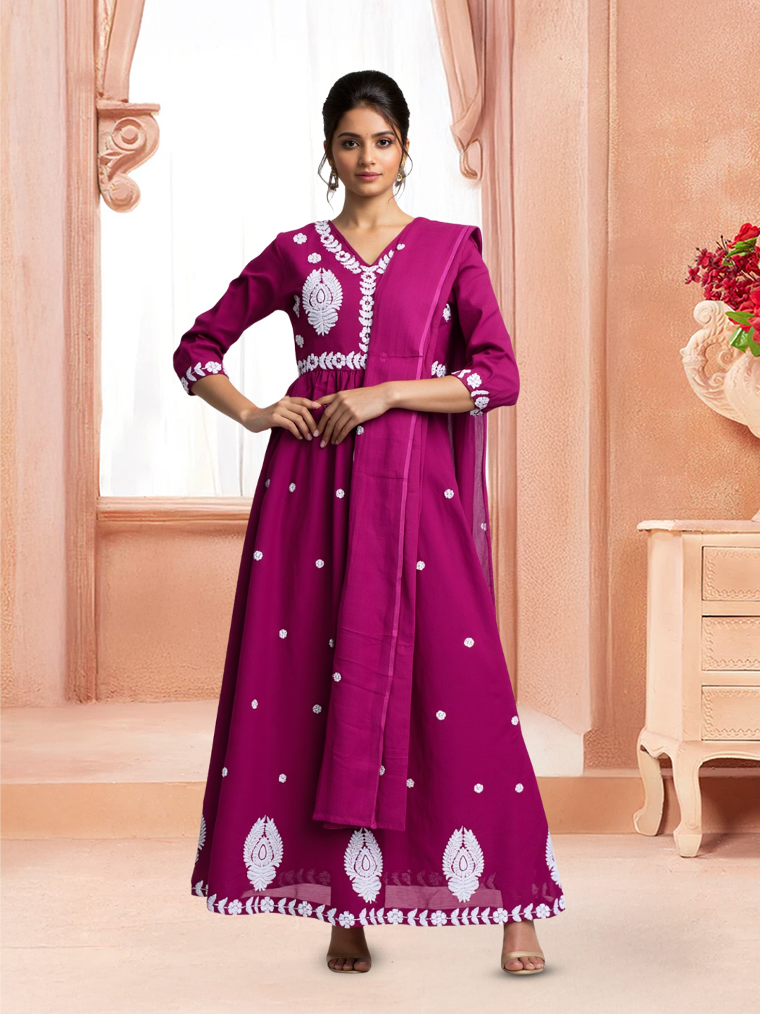 Embroidered Anarkali Kurta with Pant & Dupatta Set