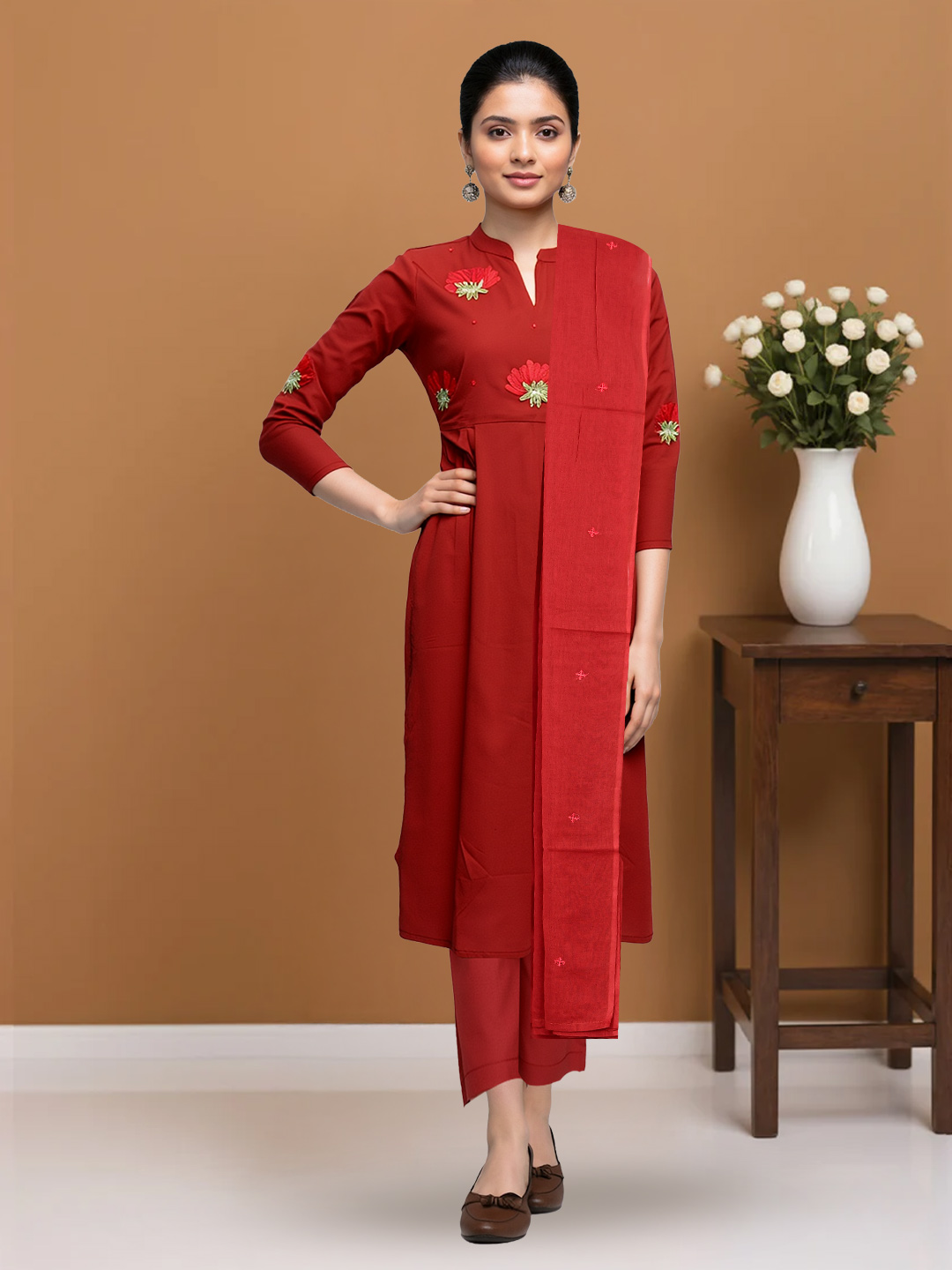 Mandarin Collar Floral  Embroidered Salwar Suit Set