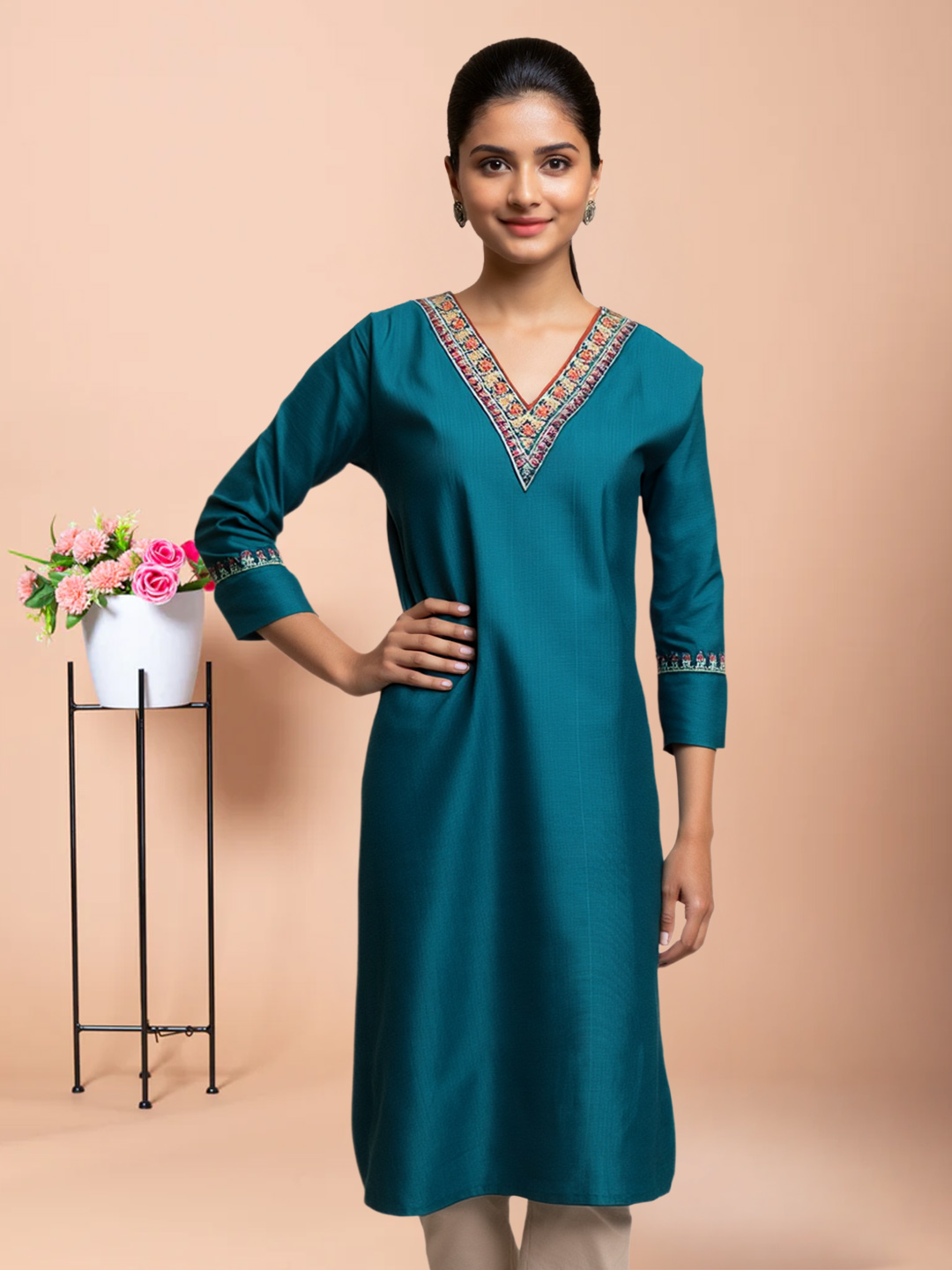 Graceful V-Neck Embroidered Kurta