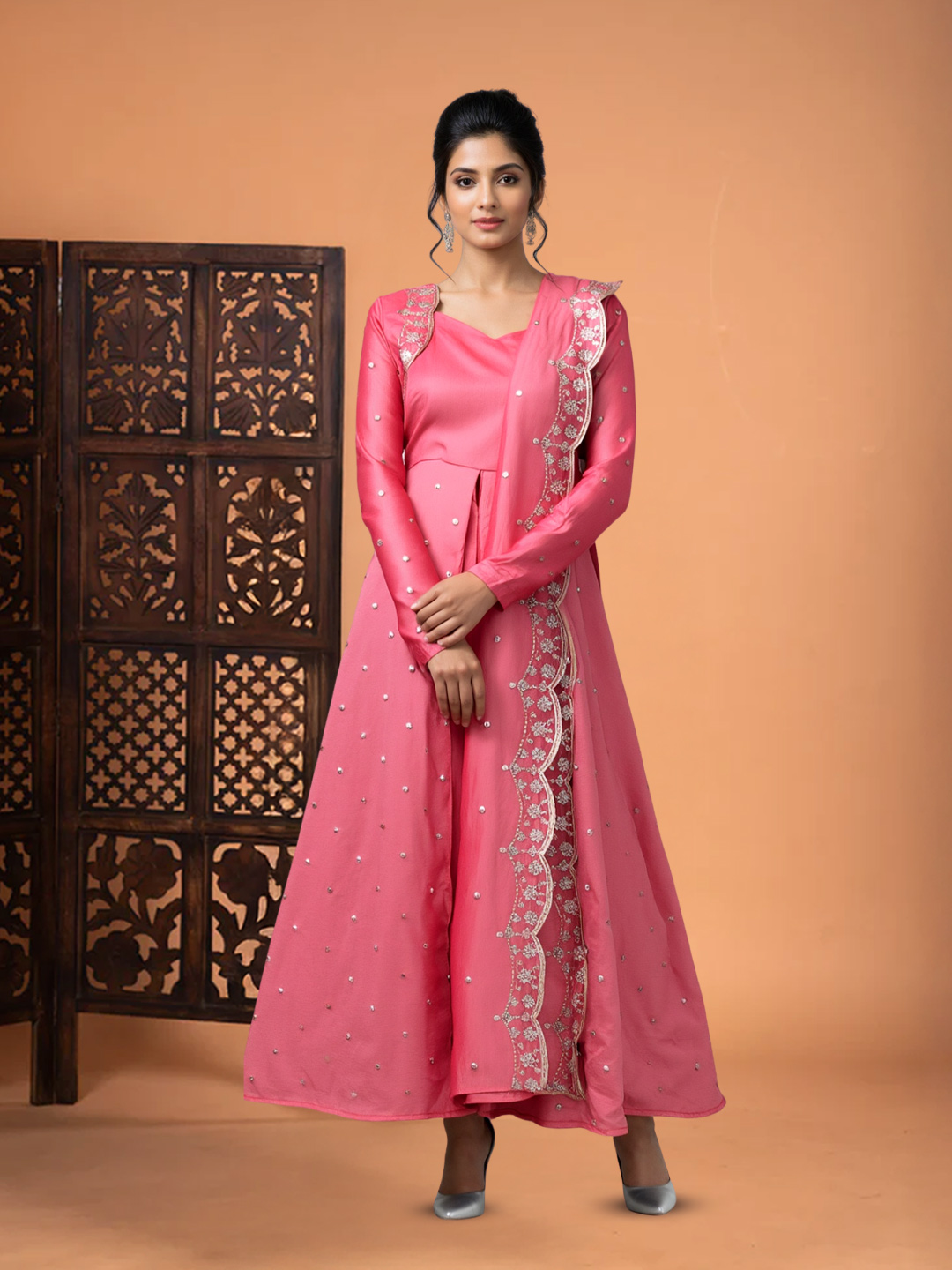 Elegant Floral  Sequence Embroidery Long Dress with Dupatta