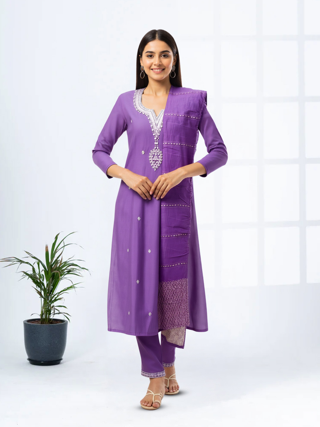 Floral Sequence Embroidery Notched Neckline Salwar Suit Set