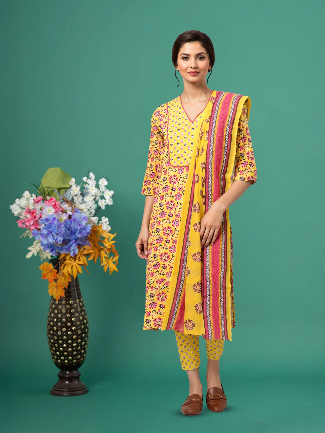 Floral Printed V-Neck Straight Cut Kurta with Pant & Dupatta Set