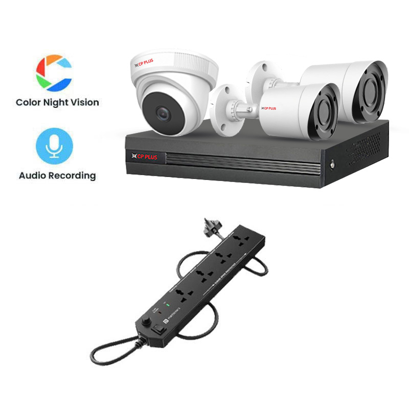 CP PLUS 3 CCTV Cameras Combo (1 Indoor & 2 Outdoor CCTV Cameras) (Colour View With Mic) 👨🏻‍🔧 With CCTV Installation + DVR + HDD + Accessories + Power Supply + 45m Cable  + Power Strip
