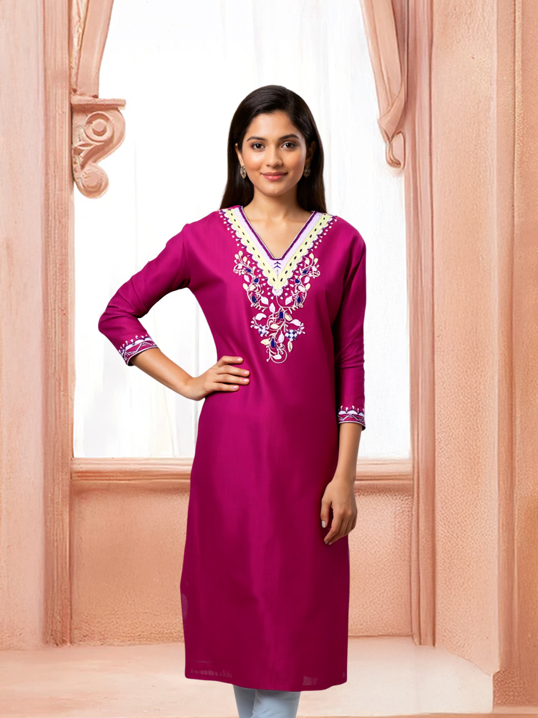 Elegant Floral Embroidered V-Neck Kurta