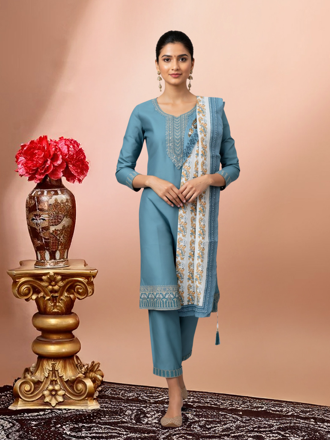 V-Slit Round Neckline Threadwork Embroidered Salwar Suit Set