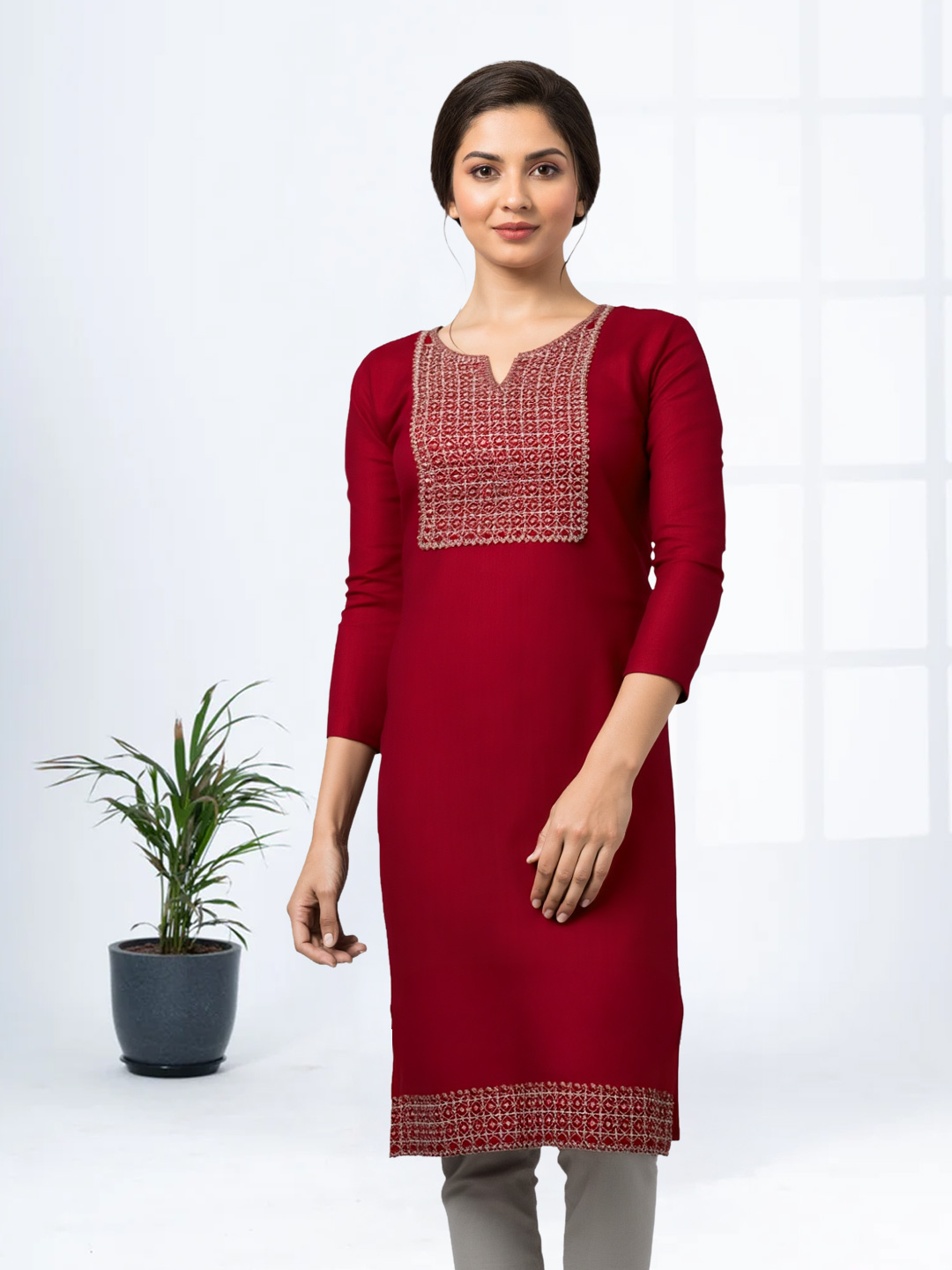 Embroidery Notched Neckline Straight-Cut Kurta