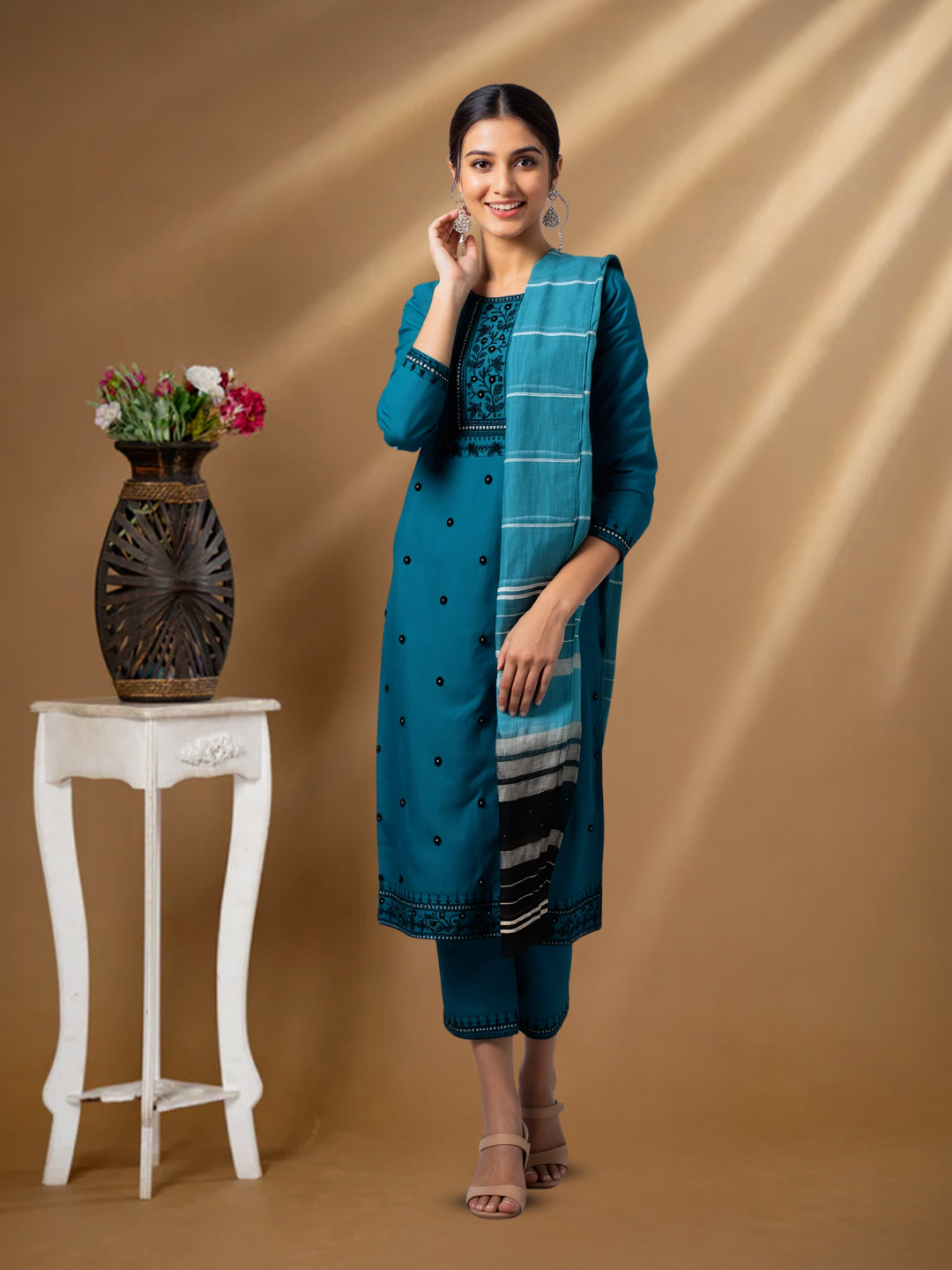 Exquisite Embroidery Traditional Straight Cut Kurta with Pant & Dupatta Set