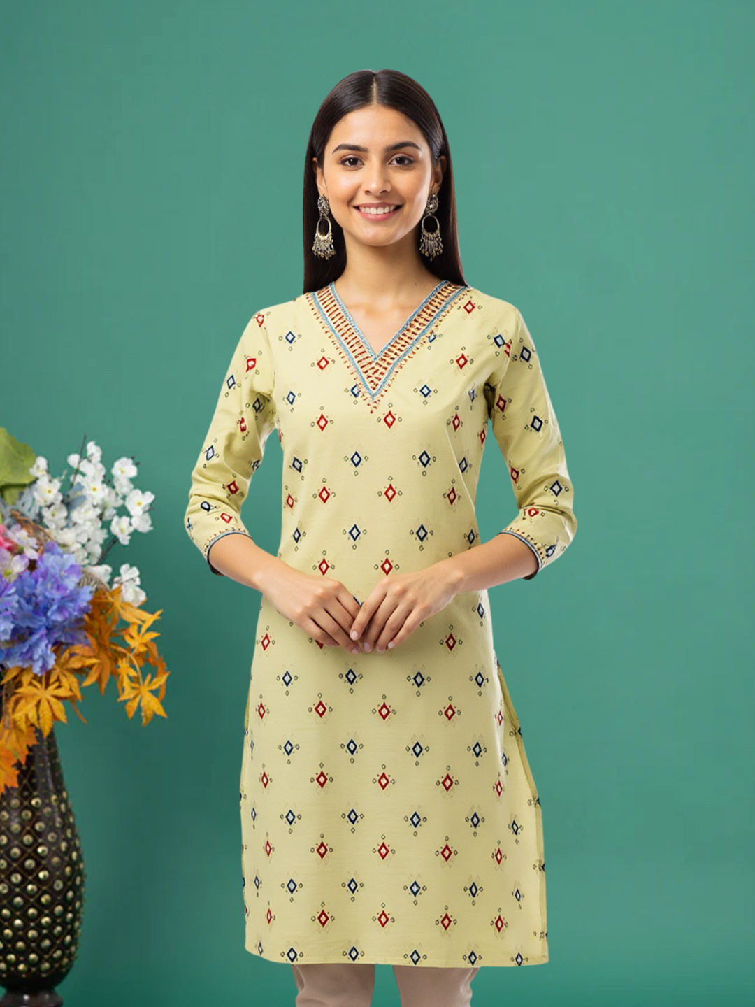 V-Neck Embroidered  Elegant Kurta