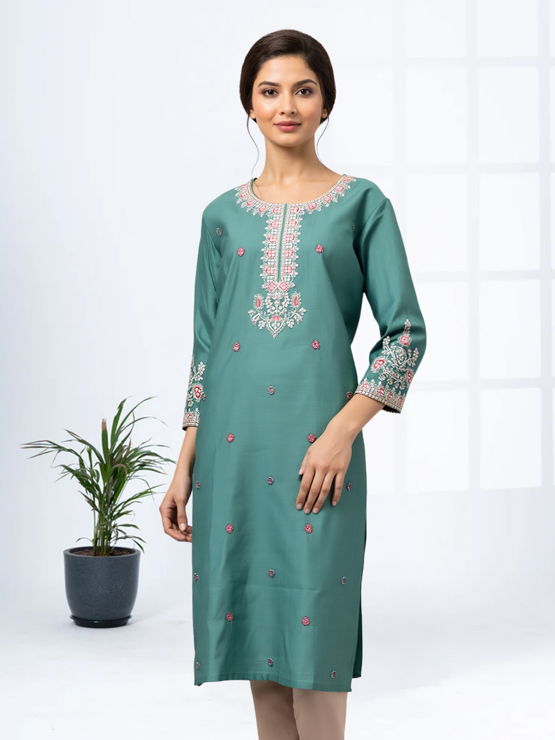 Beautiful Floral Embroidery Straight Cut Kurta