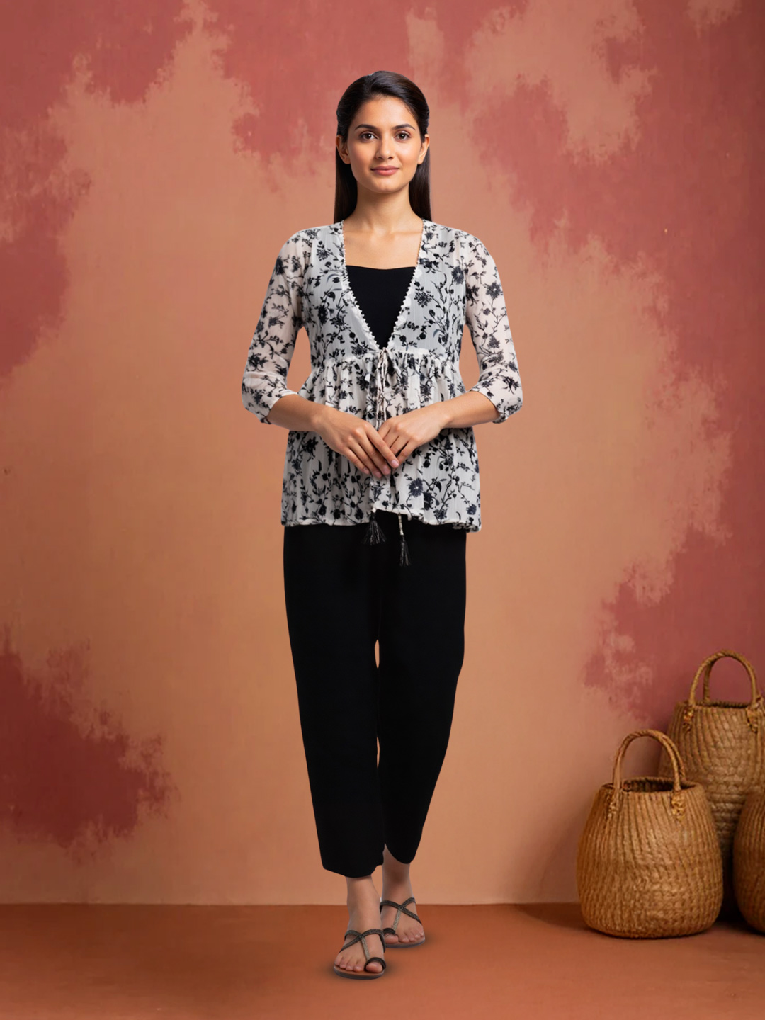 Ethnic  Printed  Crop Top with  Pant & Jacket Set