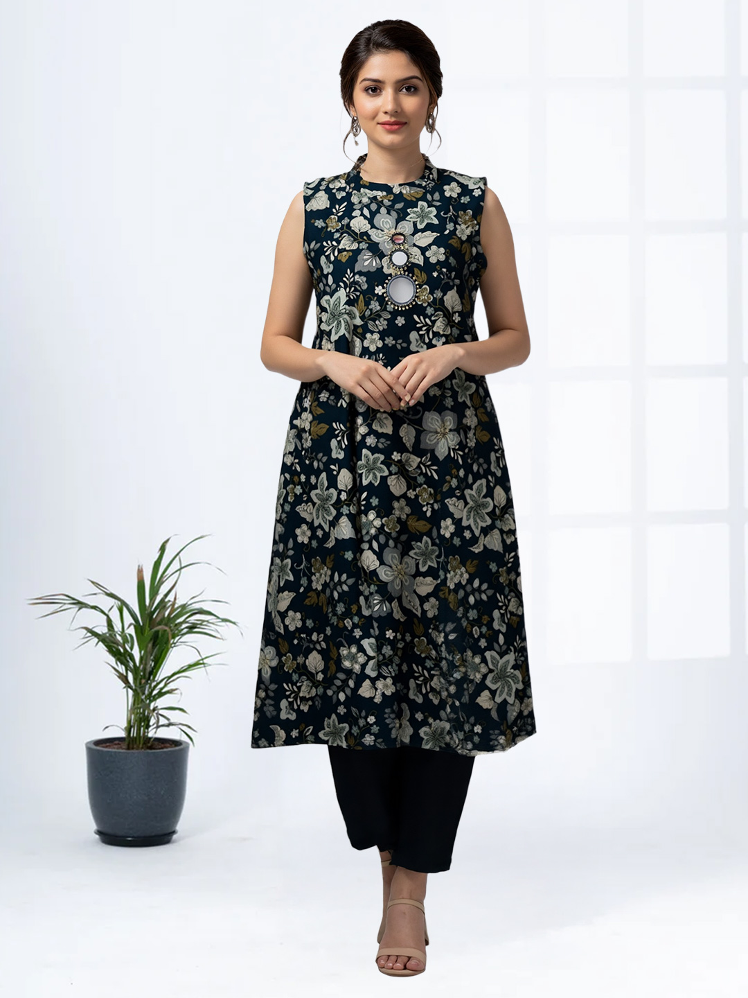 Printed Mirror Work  High Round Neck Kurta with Pant Set