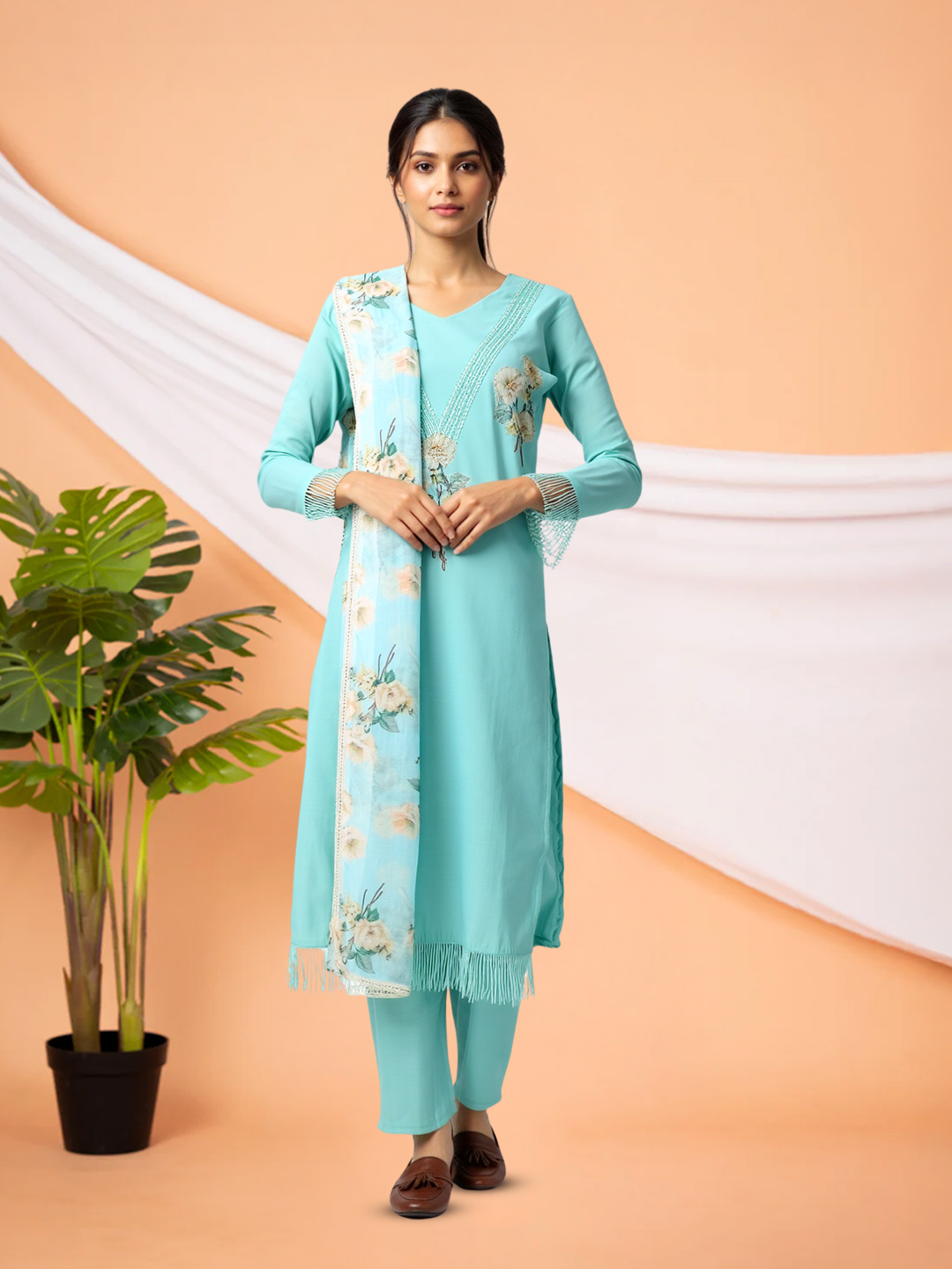 Graceful Ethnic V-Neck Embroidered Salwar Suit Set