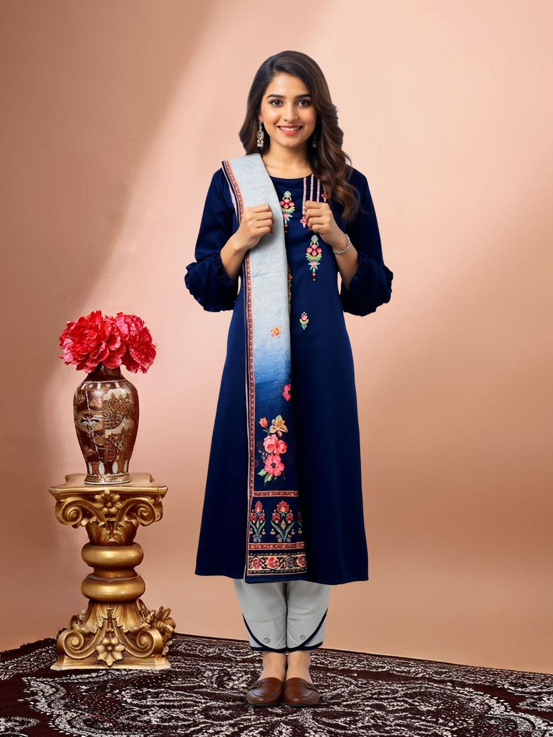 Frilled Sleeves Embroidered Kurta with Pant & Dupatta Set