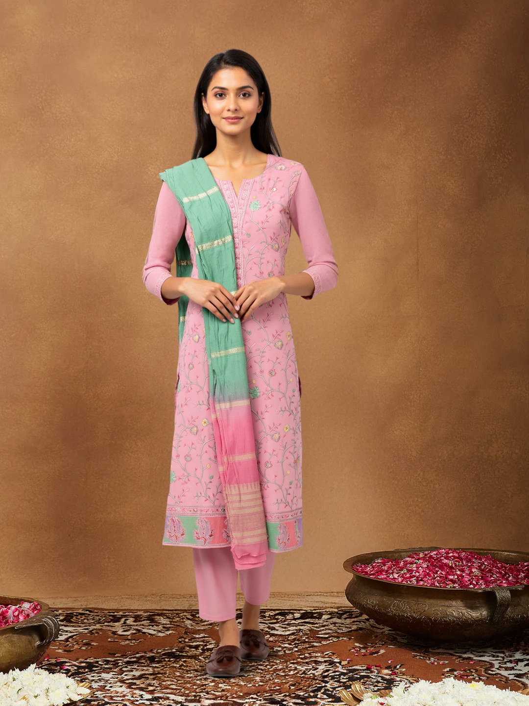 Floral Embroidery Kurta with Pant & Dual-Tone Dupatta Set