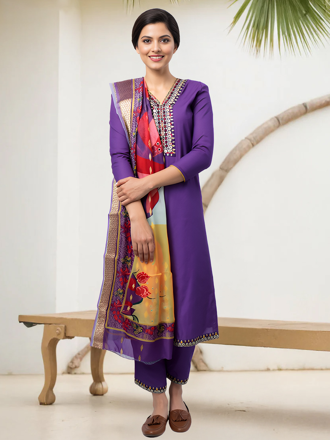 Elegant Kurta with Pant & Floral Printed Dupatta Set