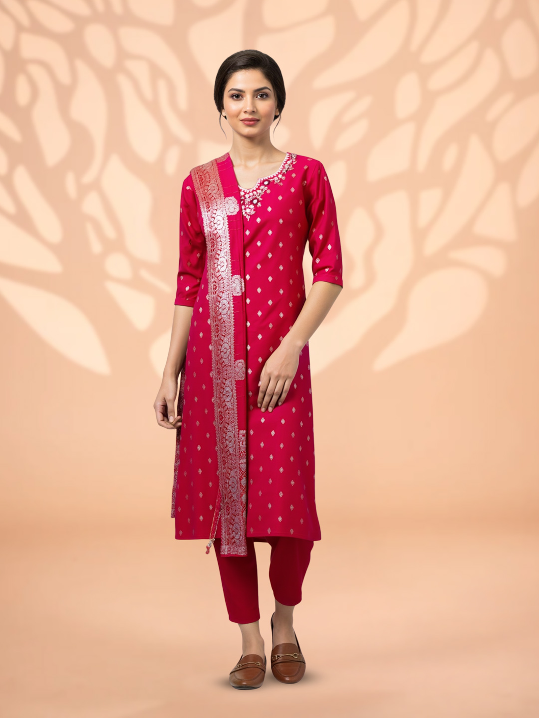 Floral  Regular Aari Work Kurta with Pant & Traditional Dupatta Set