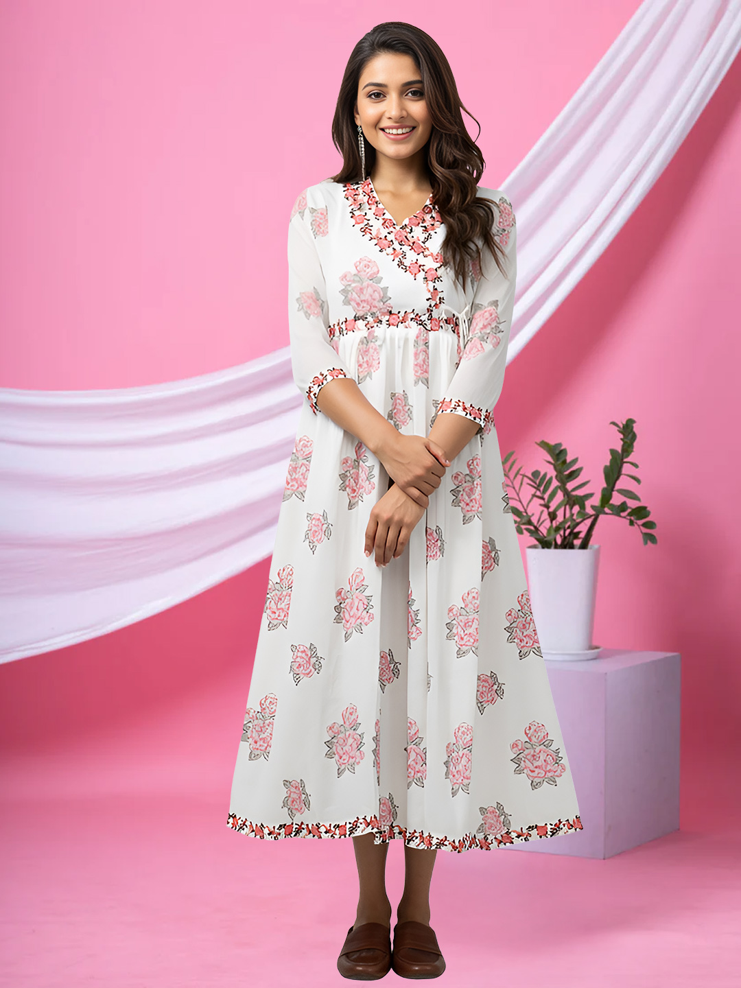 Beautiful Floral Motifs Side Tie-Up Anarkali Dress