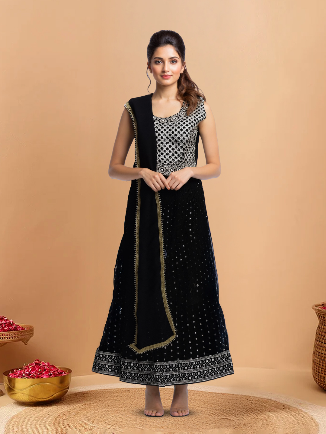 Embellished Sequined Mirror Work Dress with Shawl