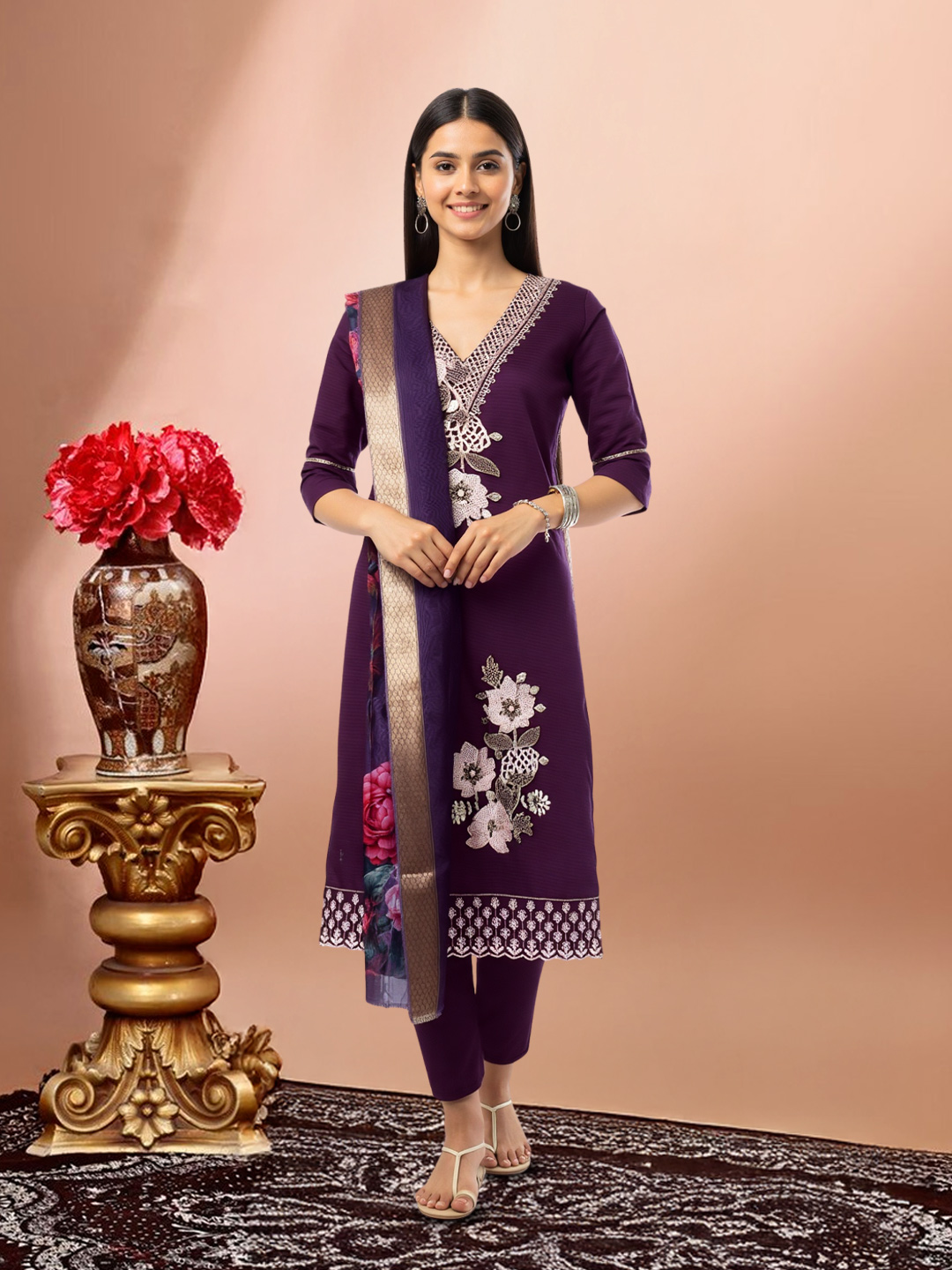 Flattering V-Neck Floral Embroidered Salwar Suit Set