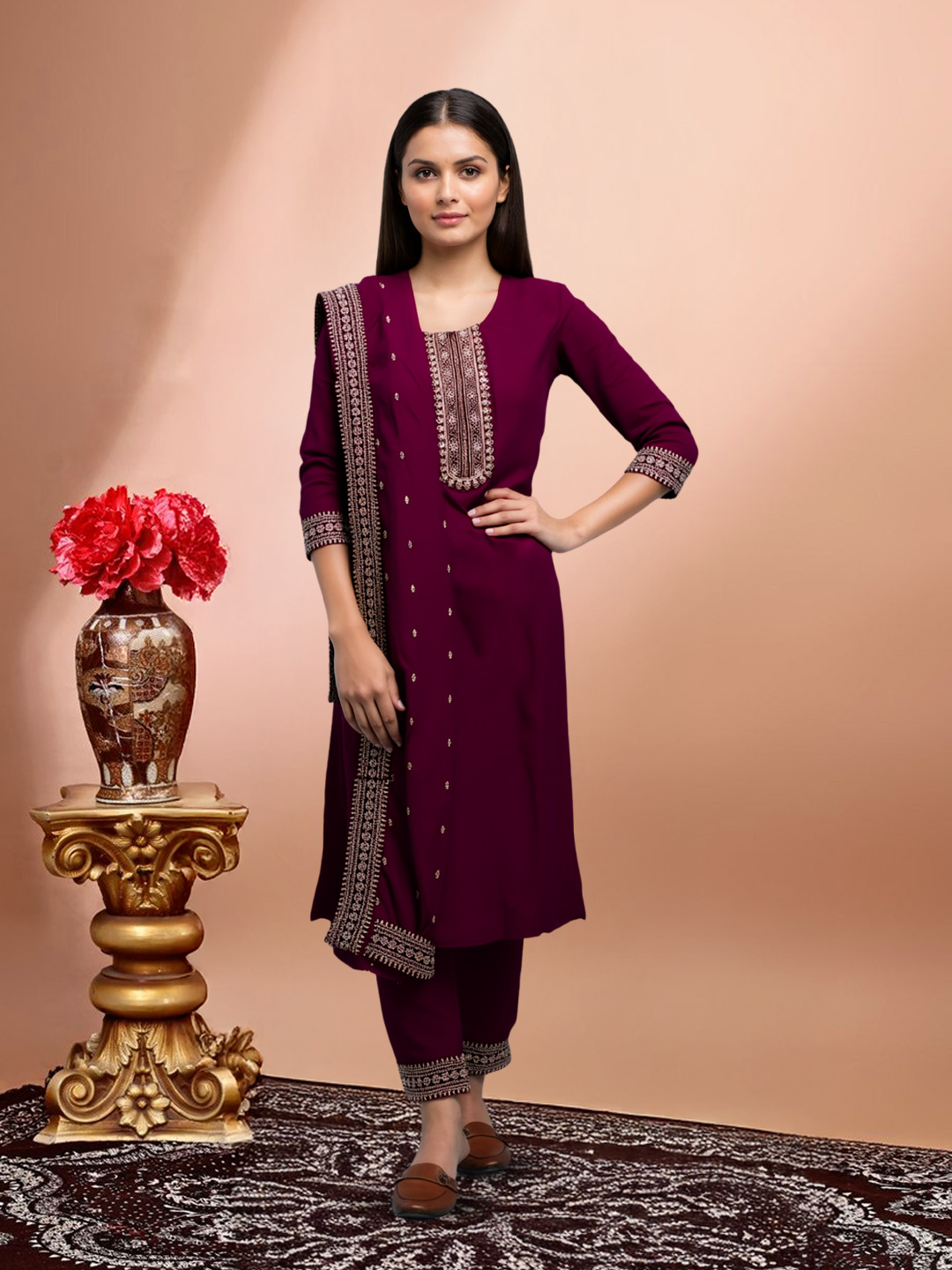 Embroidered Ethnic Straight Cut Traditional Salwar Suit Set