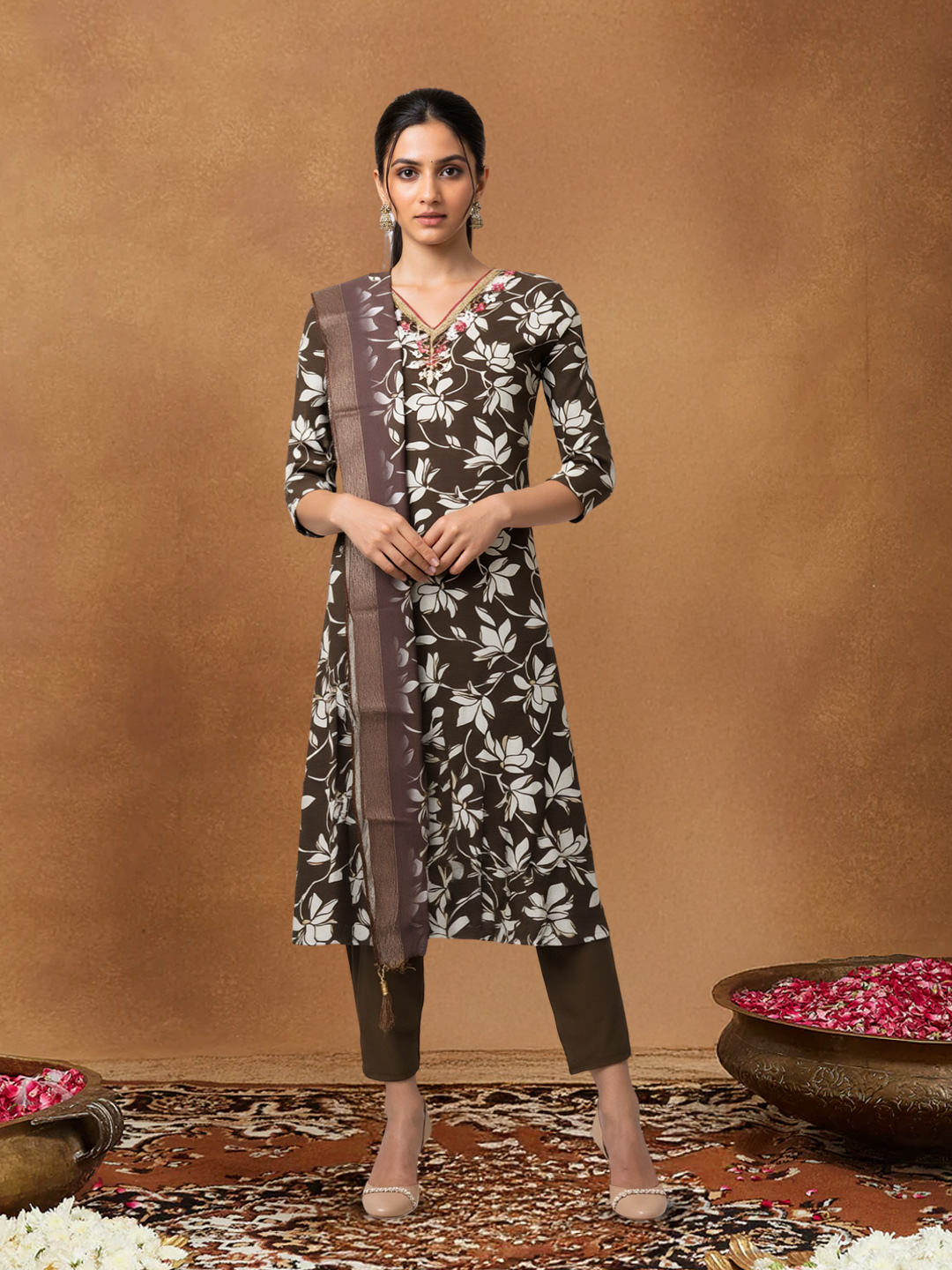 Elegant V-Neck Floral Embroidered Ethnic  Salwar Suit Set