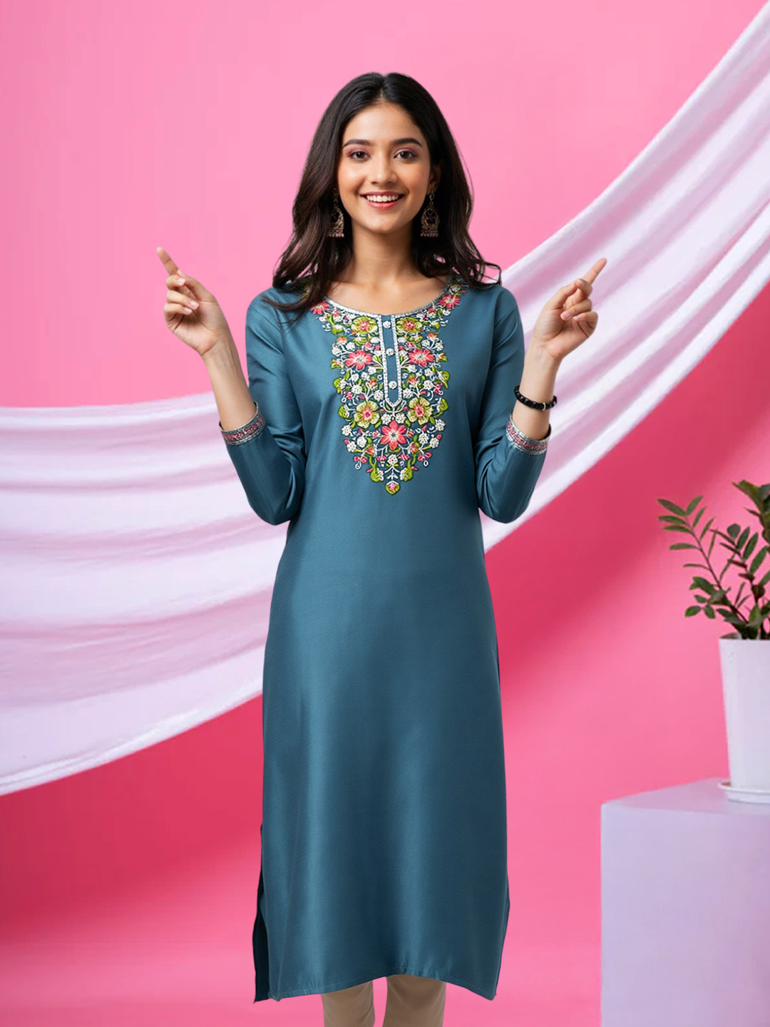 Round Neck Floral  Embroidery Straight-Cut Kurta